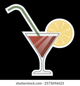 Cocktail with lemon. Glass with red drink, cocktail straw and lemon slice on black background. Flat design. Vector.