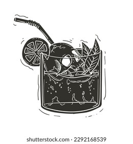 Cocktail with lemon and ice. Hand drawn vector illustration