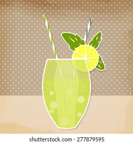 Cocktail lemon lime background. Glass of drink with tubule. Retro illustration of lemonade