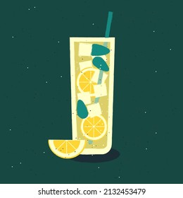 Cocktail with lemon and mint. Vector flat illustration