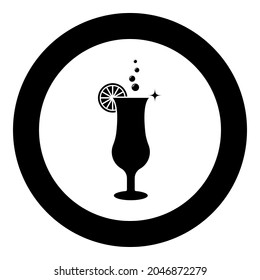 Cocktail with lemon on glass icon in circle round black color vector illustration solid outline style image