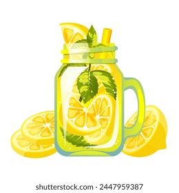 Cóctel con limón. Bebida refrescante en un frasco con limón. Zumo de limón de verano. Batido con fruta fresca. Limonada con limón. Ilustración vectorial.