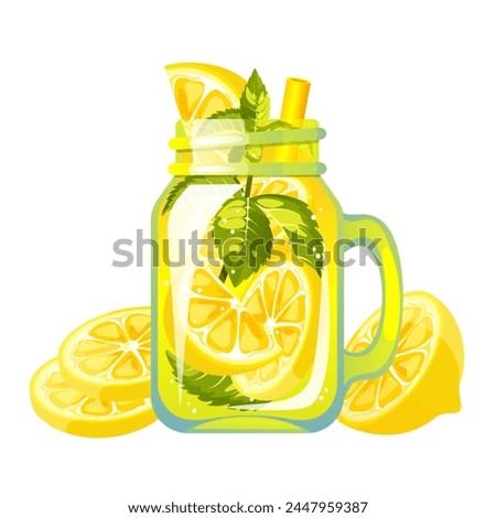 Cocktail with lemon. Refreshing drink in a jar with lemon. Summer lemon juice. Smoothie with fresh fruit. Lemonade with lemon. Vector illustration.