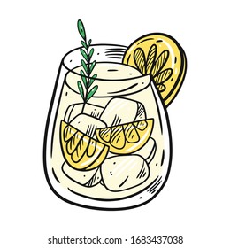Cocktail with lemon and rosemary. Hand drawn flat style. Cartoon vector illustration. Isolated on white background.