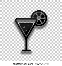 cocktail with lemon slice icon. Black glass icon with soft shadow on transparent background