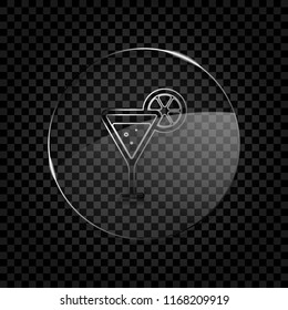 cocktail with lemon slice icon. Icon in circle glass bubble on dark transparent grid. Glass style