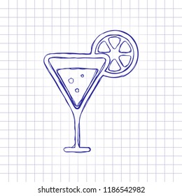 cocktail with lemon slice icon. Hand drawn picture on paper sheet. Blue ink, outline sketch style. Doodle on checkered background
