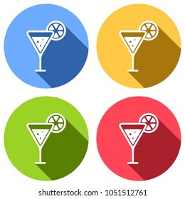 cocktail with lemon slice icon. Set of white icons with long shadow on blue, orange, green and red colored circles. Sticker style