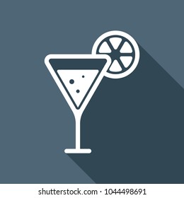 cocktail with lemon slice icon. White flat icon with long shadow on background
