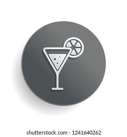 cocktail with lemon slice icon. White paper symbol on gray round button with shadow