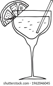 cocktail with lemon and straw icon. hand drawn doodle style. vector, minimalism, monochrome. refreshing drink, summer, lemonade, bar menu cafe