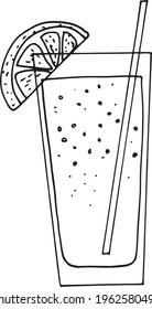 cocktail with lemon and straw icon. hand drawn doodle style. vector, minimalism, monochrome. refreshing drink, summer, lemonade, bar menu cafe