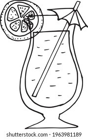 cocktail with lemon, straw and umbrella icon. hand drawn doodle style. vector, minimalism, monochrome. refreshing drink, summer, lemonade, bar menu cafe