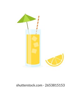 Cocktail with lemon and straw. Vector illustration in flat style. Lemonade. A glass of lemonade with ice and a slice of lemon. Refreshing summer drink on a white background
