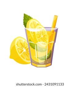 Cocktail with lemon. Summer refreshing drink, lemonade with lemon slices, mint. Vector illustration.