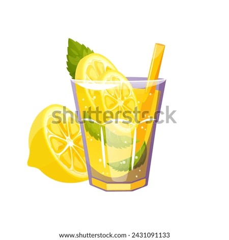 Cocktail with lemon. Summer refreshing drink, lemonade with lemon slices, mint. Vector illustration.