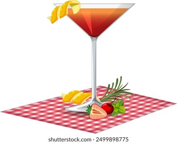 Cocktail with lemon twist and fresh herbs