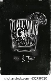 Cocktail Lettering Tonic Water, Gin, Ice In Vintage Graphic Style Drawing With Chalk On Chalkboard Background