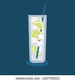 Cocktail with lime and ice. Vector illustration