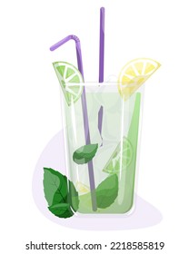 Cocktail with lime and mint. Glass of mojito cocktail with mint and straw. Vector illustration isolated on white background.