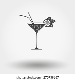 Cocktail with lime and mint. Grey web icon, vector illustration. Flat design style.