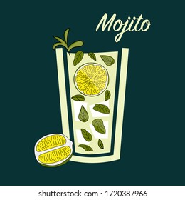 Cocktail with lime and mint. Mojito. Vector illustration	