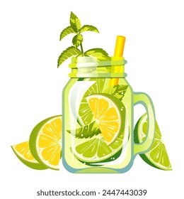 Cóctel con lima. Una bebida refrescante en una lata con lima jugosa. Zumo de verano con lima. Batido con fruta fresca. Limonada con lima. Ilustración vectorial.