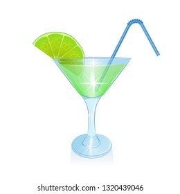 Cocktail with lime slice and with Straw for beverage, cocktail in cartoon style on white background, Vector EPS 10 illustration