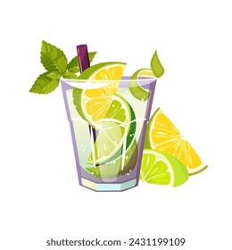 Cocktail with lime. Summer refreshing drink, lemonade with lime slices, mint. Vector illustration.