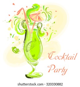 Cocktail with lime and umbrella. Vintage hand drawn vector illustration. Cocktail party design, invitation,card, print, t-shirt, postcard.