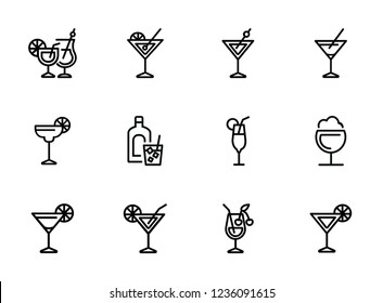 Cocktail line icon set. Vermouth, margarita, pina colada. Alcoholic drinks concept. Can be used for topics like bar, party, celebration