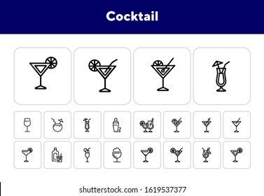 Cocktail line icon set. Vermouth, margarita, pina colada. Alcoholic drinks concept. Can be used for topics like bar, party, celebration