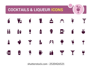 Cocktail and liqueur solid icon set, flat symbol, glass. Bottle and more, filled icons for web and ui. Vector illustration.