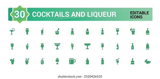 Cocktail and liqueur solid icon set, flat symbol, glass. Bottle and more, filled icons for web and ui. Vector illustration.