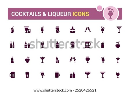 Cocktail and liqueur solid icon set, flat symbol, glass. Bottle and more, filled icons for web and ui. Vector illustration.