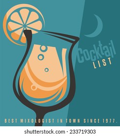 Cocktail list cover document template. Bar menu flat design vector concept. Creative drink banner idea. Promotional printed media. 