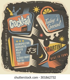 Cocktail list creative and unique template. Restaurant menu layout. Retro poster. Vintage drinks ad. 