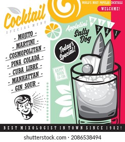 El concepto de diseño colorido del menú de la lista de cócteles. Menú de bebidas para el salón de cócteles o el bar cafetería. Ilustración vectorial.