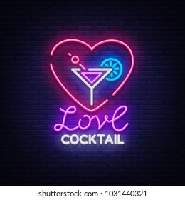 Cocktail logo in neon style. Love Cocktail. Neon sign, Design template for drinks, alcoholic beverages. Light banner, Bright nightlight advertising for cocktail bar, party. Vector illustration