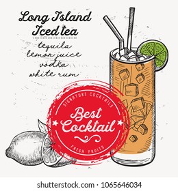 Cocktail long island for bar menu. Vector drink flyer for restaurant and cafe. Design poster with vintage hand-drawn illustrations.