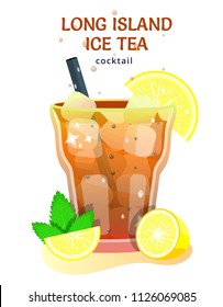 Cocktail Long island ice tea.Popular alcoholic cocktail.Exotic tropical beach bar.Fresh drink in glass cup with lemon,ice,cola. Modern flat cartoons vector illustration icons on white. 