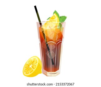 Cocktail Long Island iced tea on a white background.A summer refreshing drink with a slice of lemon, ice cubes and mint.Vector illustration.