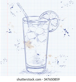 Cocktail Long Island Iced Tea Vodka on a notebook page, consisting of gin, rum Light, Silver tequila, orange liqueur, lemon, syrup, cola, ice cubes