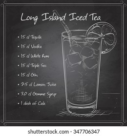 Cocktail Long Island Iced Tea Vodka on black board, consisting of gin, rum Light, Silver tequila, orange liqueur, lemon, syrup, cola, ice cubes