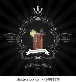 Cocktail Long Island Iced Tea in vintage style stylized drawing with chalk on a blackboard in a series of contemporary classics
