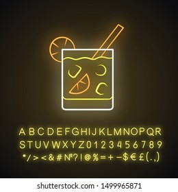 Cocktail In Lowball Glass Neon Light Icon. Refreshing Alcohol Cold Drink In Old Fashioned Tumbler. Glowing Sign With Alphabet, Numbers And Symbols. Vector Isolated Illustration