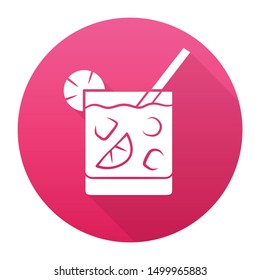 Cocktail in lowball glass red flat design long shadow glyph icon. Alcohol cold drink in old fashioned tumbler. Mixed beverage with ice, slice of citrus and straw. Vector silhouette illustration