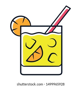 Cocktail in lowball glass yellow color icon. Refreshing alcohol cold drink in old fashioned tumbler. Mixed beverage with ice, slice of citrus and straw. Isolated vector illustration