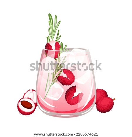 Cocktail with lychee .Exotic drink with lychee fruit and rosemary.Vector illustration isolated on a white background.