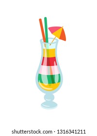 Cocktail made in layers vector, exotic alcoholic drink with tropic decoration. Umbrellas and straws in glass cup with liquid alcohol, shot isolated icon